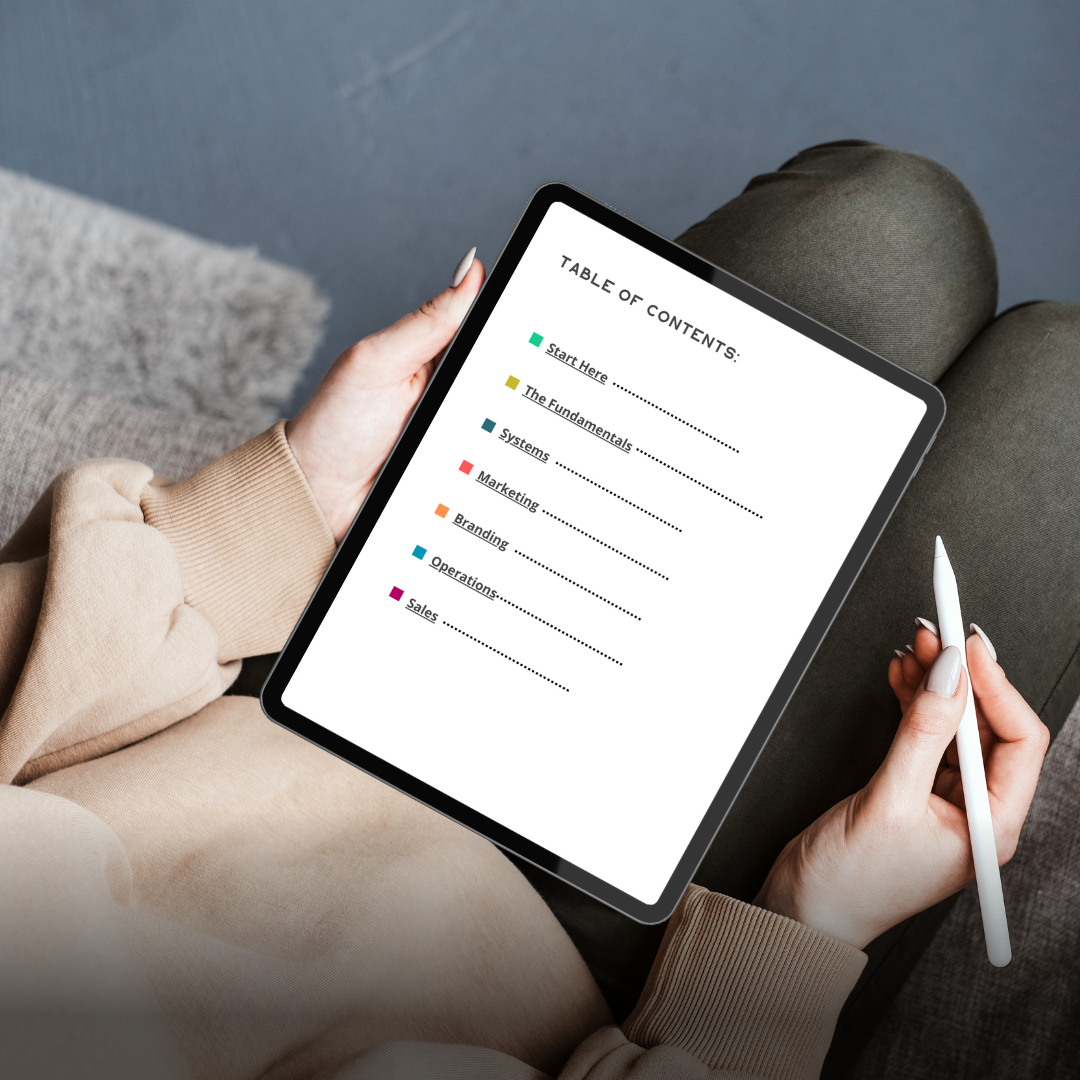 woman holding ebook showcasing sections on how to grow and launch a business